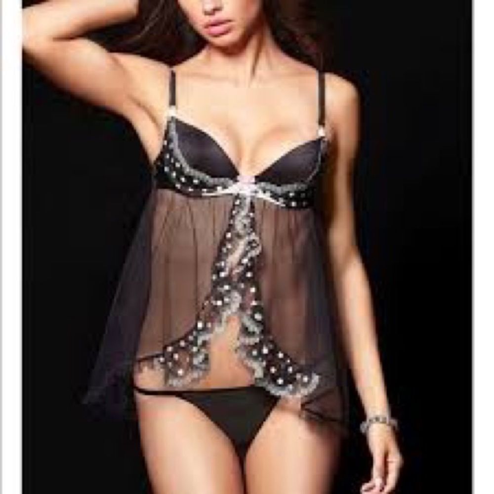 Vintage Victoria’s Secret Black Baby Doll w/Polka Dots